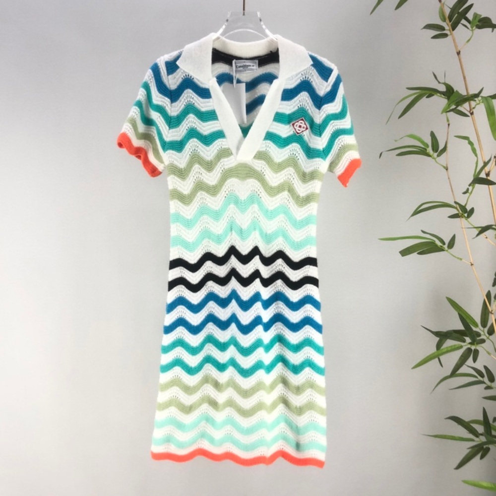 Casablanca Striped Chevron Knit Mini Dress with White Collar